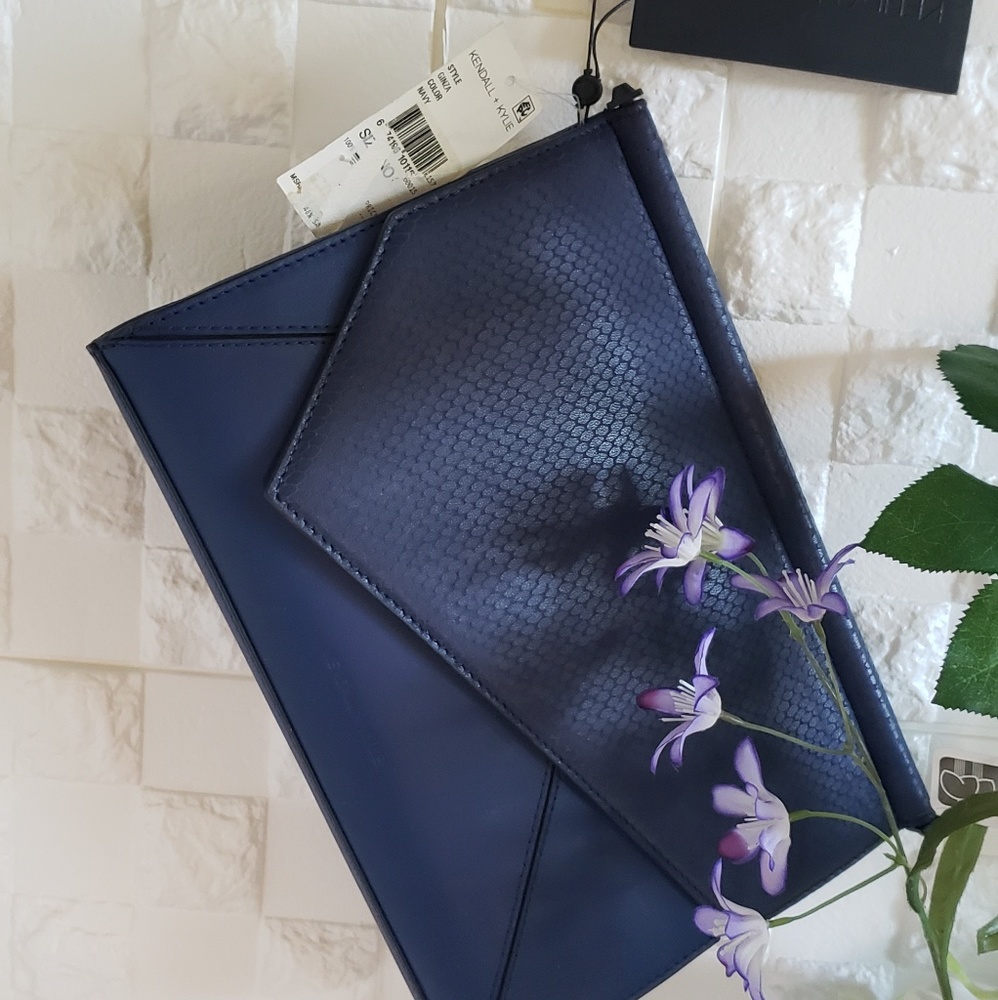 Kendall Kylie Navy Blue Leather Snakeskin Clutch